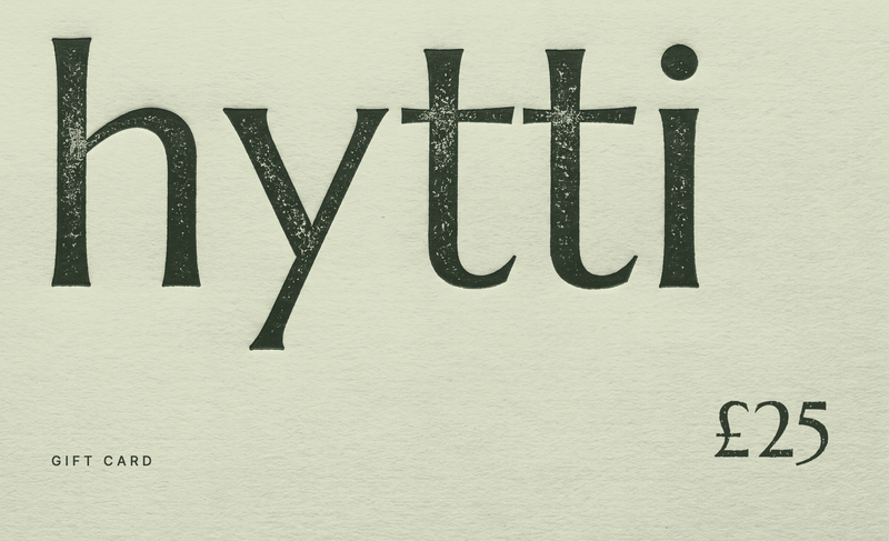 Hytti gift card, £25: the hytti letterpress wordmark on pale green stock